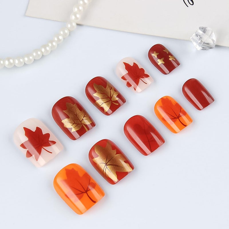 CJDLTS Thanksgiving Press on Nails Short Square Fall Maple Leaf False Nail Full Cover Glossy Acrylic Artificial Fingernails Red Maple Leaf Pattern Festival Stick on Nail Press Ons Glue on Nails for Women - Image 2